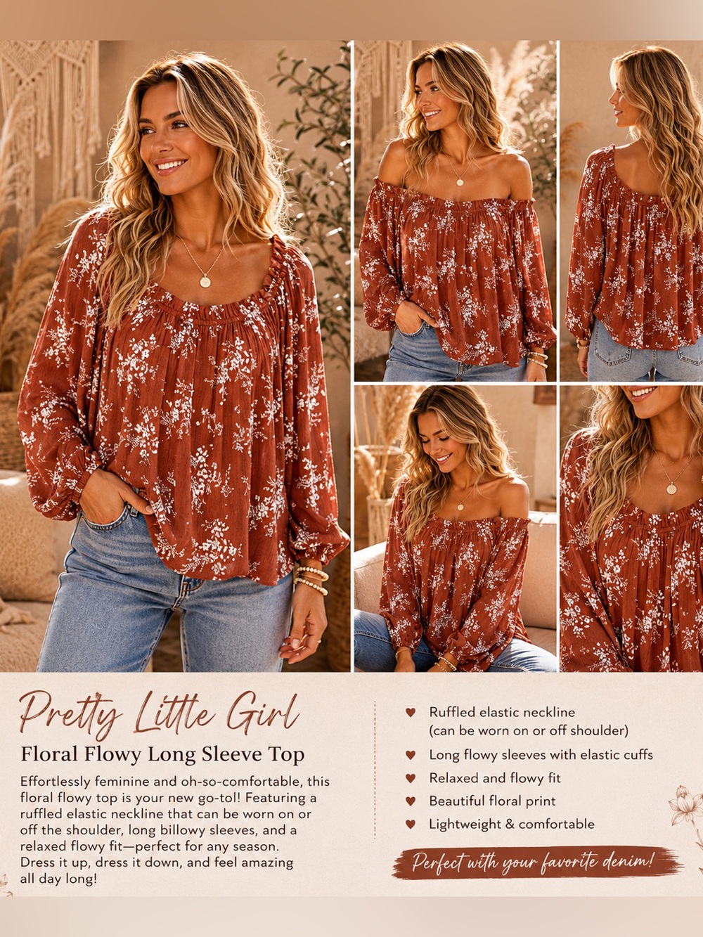 039 New Ces Femme Women's Rust Floral Peasant Blouse - Boho Long Sleeve Top